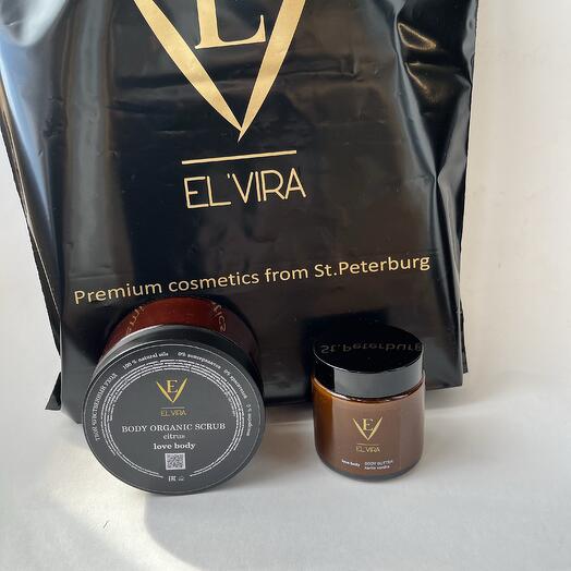 Подарочный набор премиум косметики ELVIRA крем баттер для тела vanilla , скраб цитрус в подарочном пакете