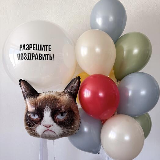 Набор воздушных шаров на день рождения парню, мужчине фигура грустный Котик, большой стеклянный шар с надписью