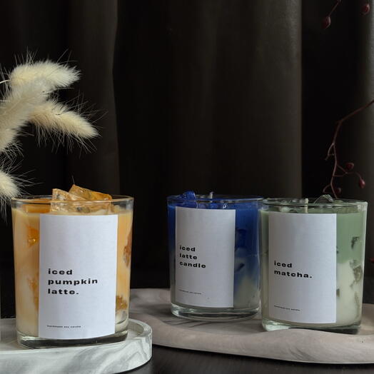 Set de 3: Velas inspiradas en bebidas – Latte helado de calabaza   Matcha helado, Latte helado