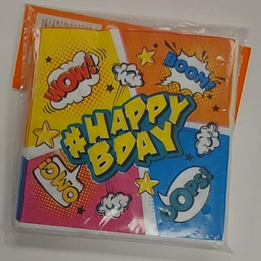 Салфетки "Комиксы"HappyBday, 12шт, 25×25см