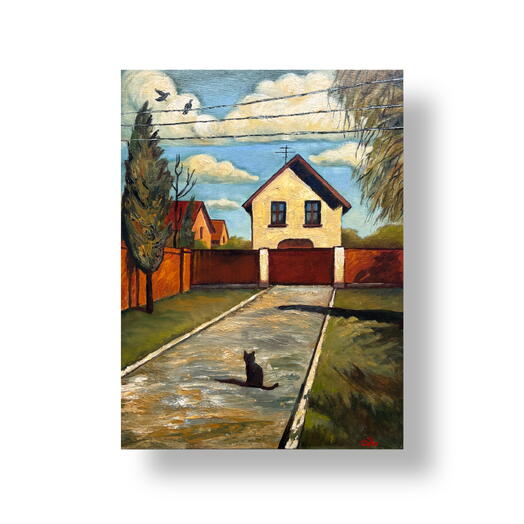 Картина маслом деревенский пейзаж с котом и воронами "Интерес". Кабинетный формат