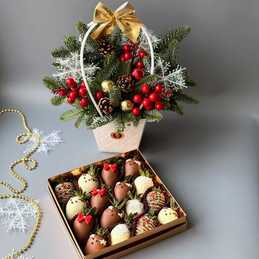 Клубника в бельгийском шоколаде 16 ягод и букет из ели (нобилиса)