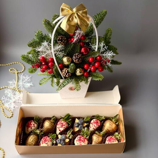 Клубника в бельгийском шоколаде 12 ягод Голубика и еловый букет