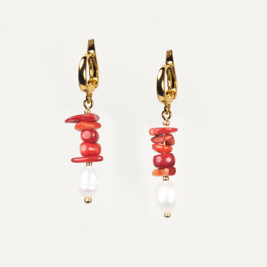 Серьги Мальва Белый жемчуг культивированный и Красный коралл 14K (EAR1149)