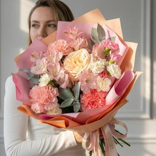 Букет из пионовидной розы и альстромерии. Авторский букет 3050. leoraflowers