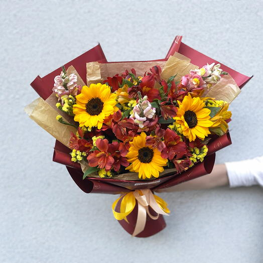 Three sunflowers and alstroemeria