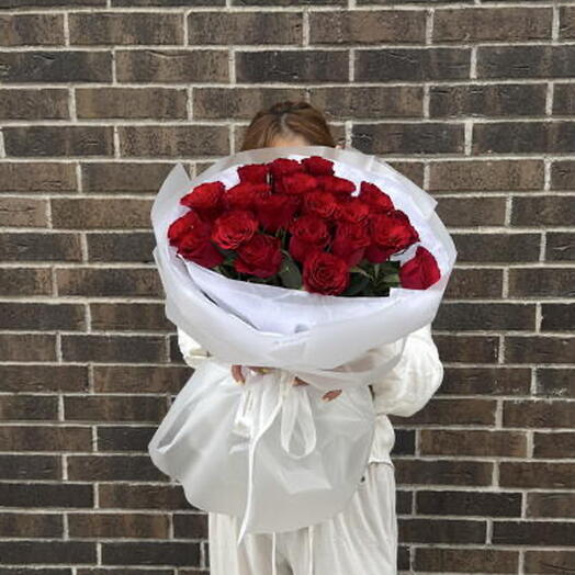 21 burgundy roses in packaging