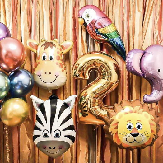 Шары зов джунглей или с днем рождения 🥳

5 шаров - зверей 
1 средняя цифра (не большая !)
Фонтан из 5 шаров
