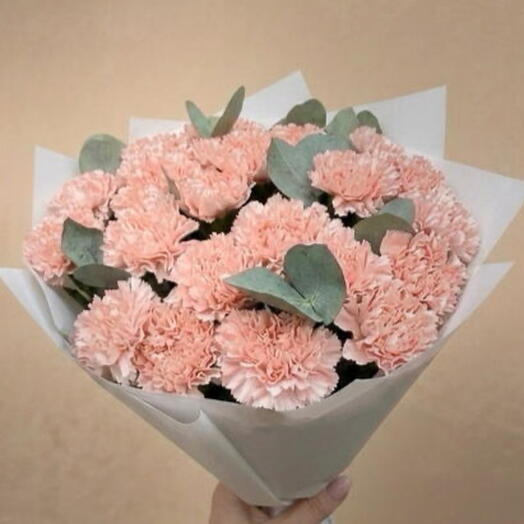 Премиум букет из 25 кремовых диантусов с веточками эвкалипта