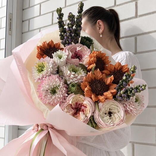 Зефирный букет «цвети назло» 🌻 осенний. С подсолнухами, хризантемами и розами