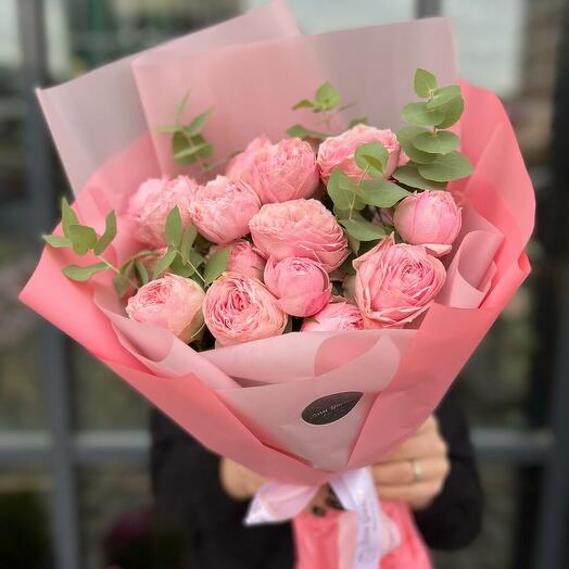 Bouquet of spray peony roses and eucalyptus