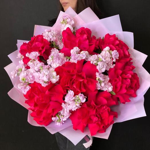 Bouquet of crimson French rose with mattiola