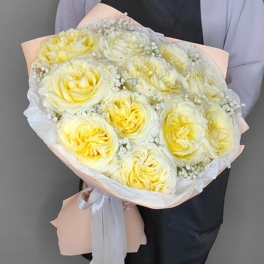 Ramo de 11 rosas fragantes con delicada gypsophila "mensaje Suave"