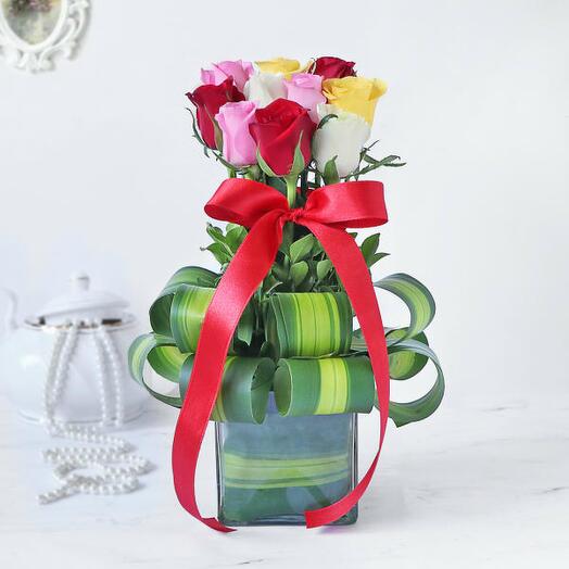 Assorted Roses in a Glass Vase
