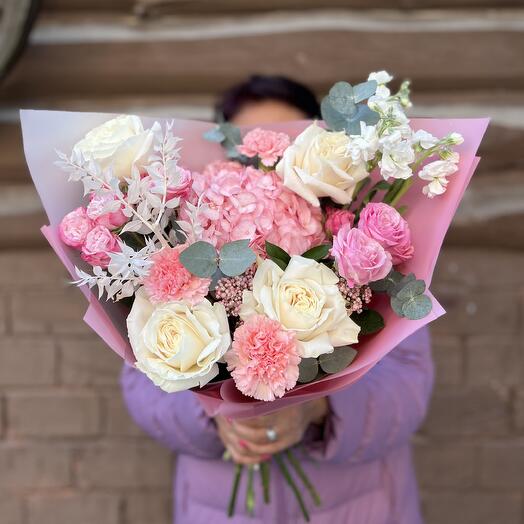 Bouquet with peony-shaped bush roses, ozotamnus, mattiola and hydrangea
