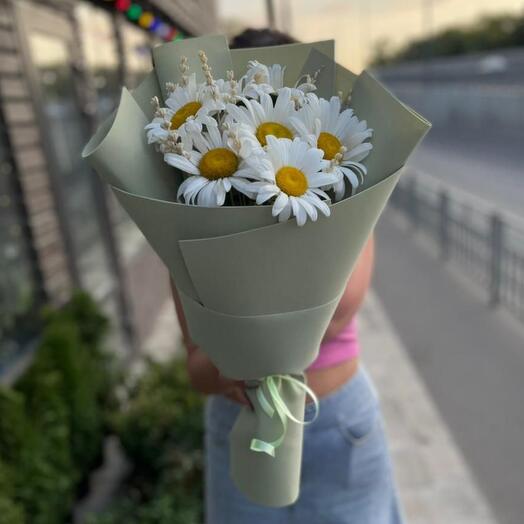 Нежный букет из 7 ромашек и лаванды в мягкой упаковке