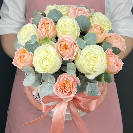 Flowers in a box. White peony-shaped roses and Juliet bush roses (M)