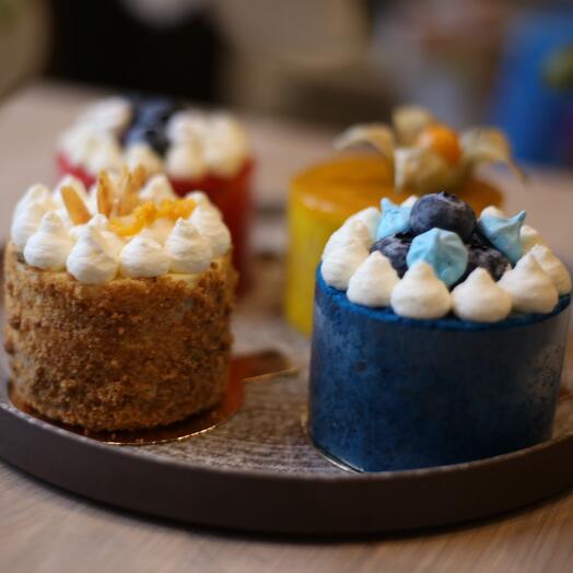 Set of 4 cheesecakes (mango-passion fruit cheesecake, blueberry, baked carrot, curd berry)