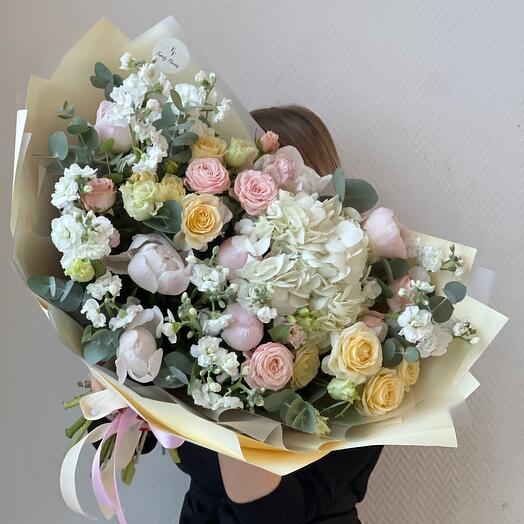 Bouquet with peonies and pretty bush roses