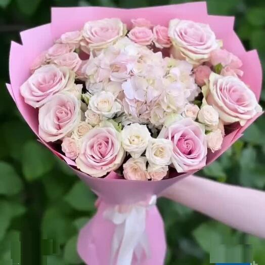 Blushing Elegance: Pink Hydrangea   Roses Bouquet