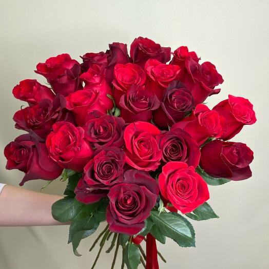 Красные бордовые розы 25 штук