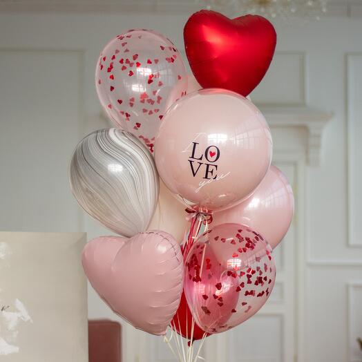 Связка шаров с грузиком  «Love Story» | 10 шаров, 1 груз