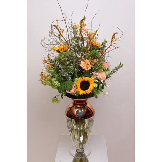 Bright of Love Bouquet - Sunflower, Roses, and Greenery