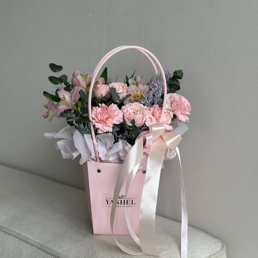 Pink handbag with dianthus and bush roses
