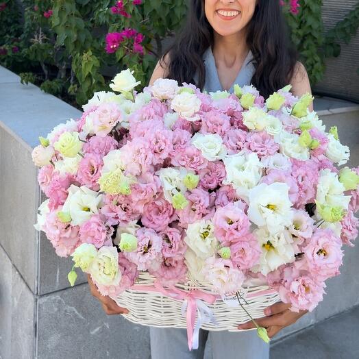 White and pink lisianthus basket