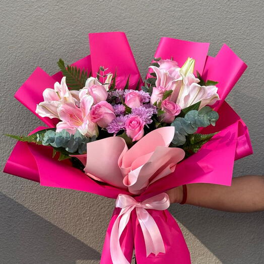 Lady pink; Boquet of pink Lily with Rose and Chrysanthemum