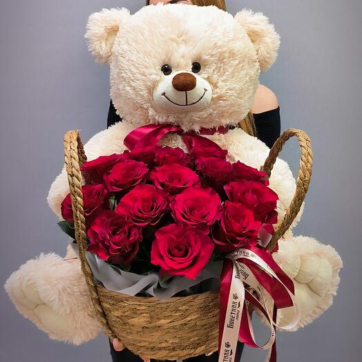 Adorable cesta de rosas escarlatas con Oso de Peluche