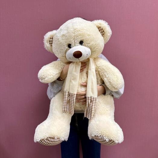 White bear 130 cm with a checkered scarf
