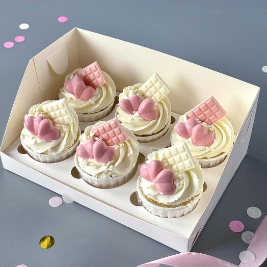 Набор капкейков с сердечками 6 шт подруге, любимой, жене, сестре, коллеге, бабушке