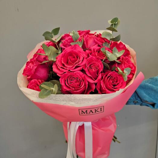 15 raspberry roses with eucalyptus