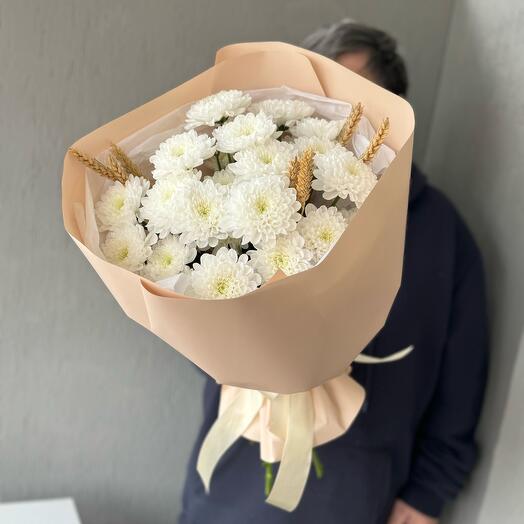 Букет Белых хризантем с сухоцветами (пшеница) 🌸