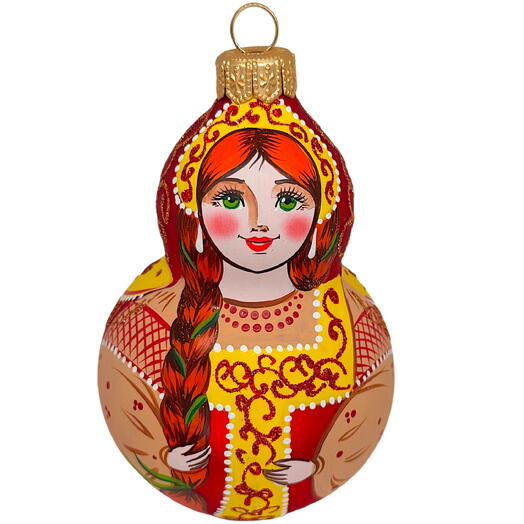 Ёлочная игрушка "Девочка в русском сарафане" (Винтажный шар) с зелёной лентой