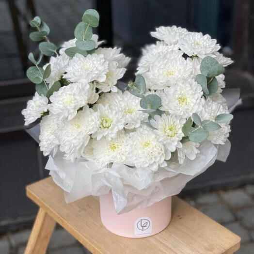 Белоснежная коробка хризантем Балтика и эвкалипт