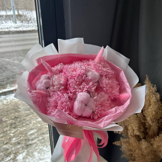 Авторский букет : хризантемы , хлопок , лагурус