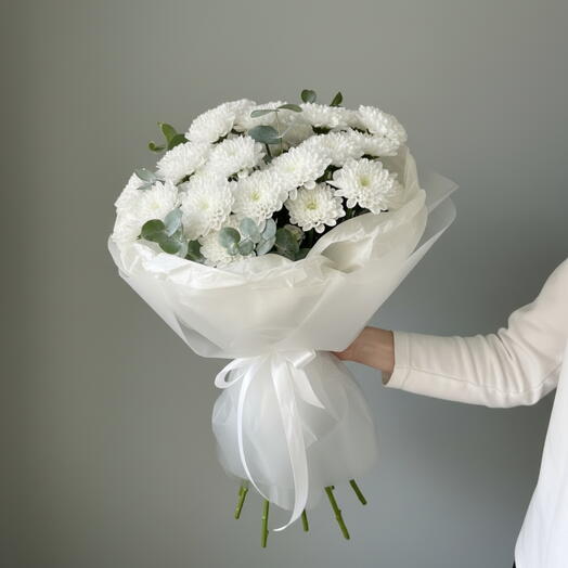 💖 ХИТ! Букет из 5 белых кустовых хризантем с эвкалиптом💖