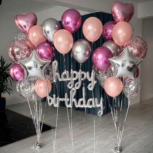 Luxury Silver Metallic Pink "Happy Birthday" Bobo Confetti Balloon Arrangement