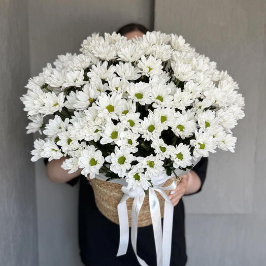 Хризантема ромашка в плетенной корзине (кашпо) 🌸 большая композиция в губке