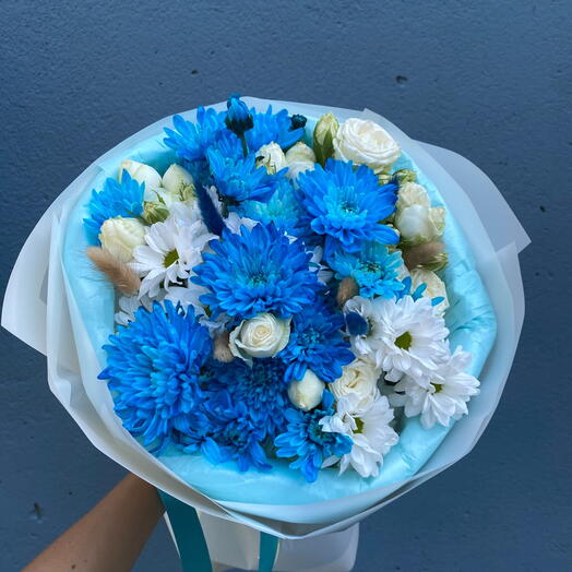 Букет из хризантем и кустовых роз синий 💙 прибой