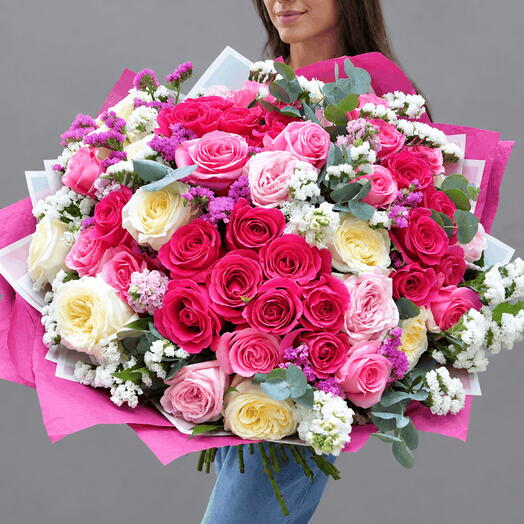 Peony-shaped roses in a large bouquet "To My Goddess"