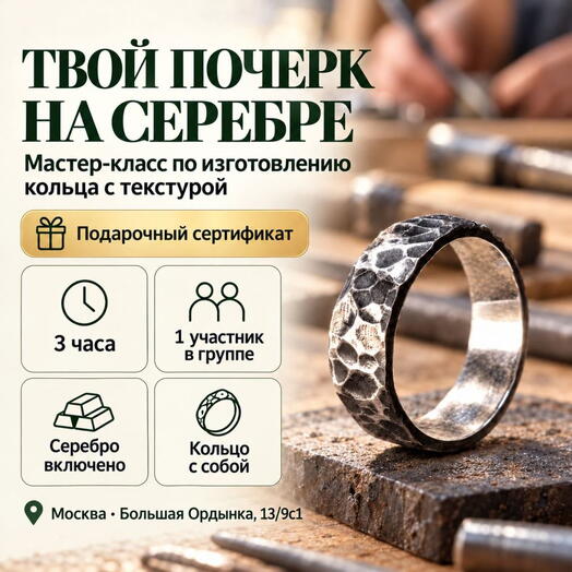 Подарочный сертификат «Мастер-класс по изготовлению кольца с текстурой» (3 часа, 1 человек)