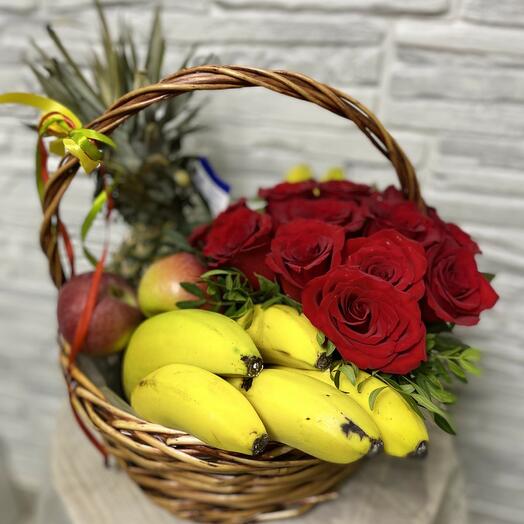 Basket of roses and fruits