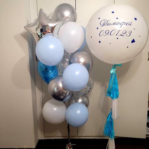 Giant balloon with any inscription + fountain from 15 balls. In pink