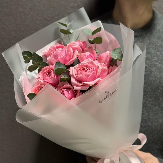 Bouquet "Strawberry meringue" (bushy peony rose and eucalyptus)