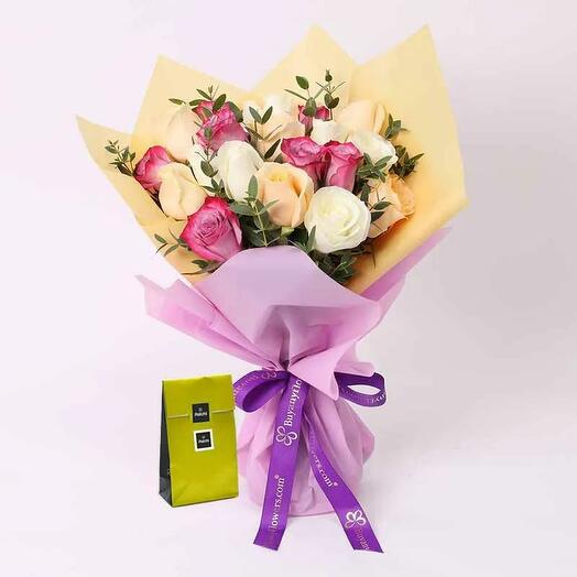 Graceful 21 Roses Bouquet and Deluxe Patchi Chocolates