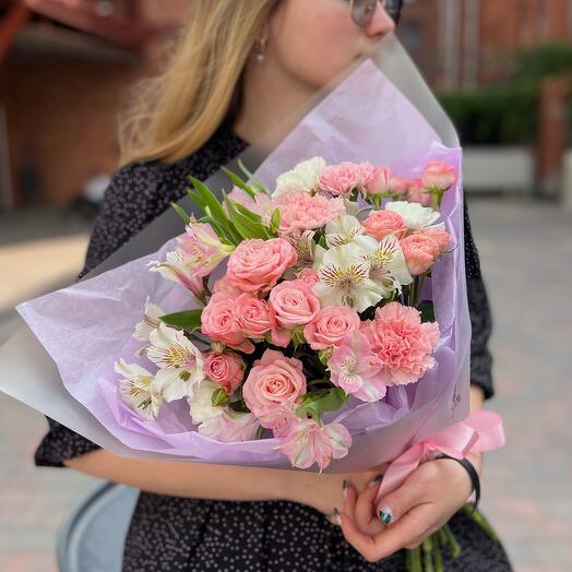 Bouquet of peony-shaped rose "Yoke"(Bush peony rose, dianthus(carnation), alstroemeria )