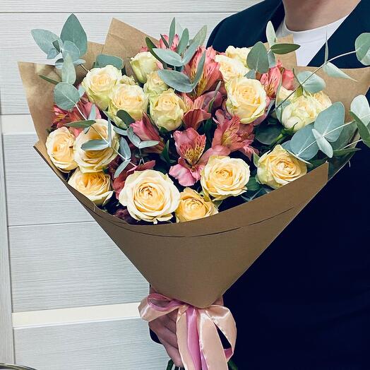 Delicate Bouquet of shrub roses and alstroemeria "Romantic"